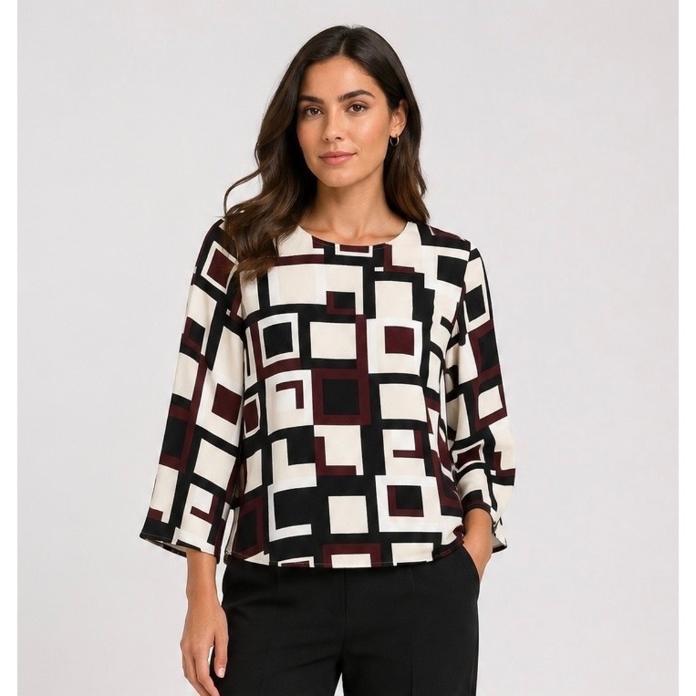 Alfani Petite Geometric Print Bell Sleeve Blouse Ivory Burgundy Black Size 8P